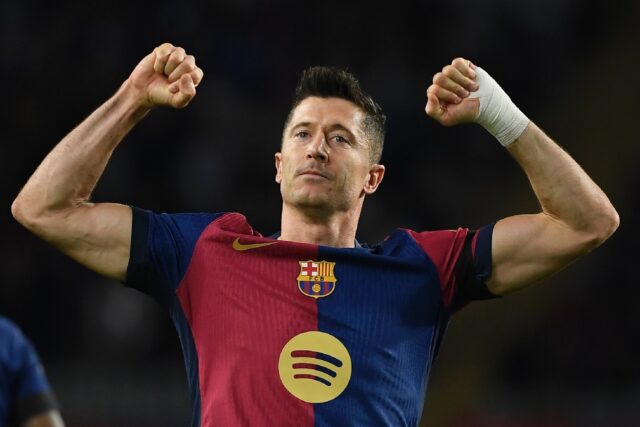 Barcelona striker Robert Lewandowski struck twice against Sevilla to continue his superb f