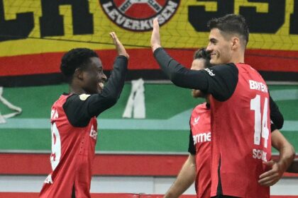 Bayer Leverkusen forward Patrik Schick (R) scored twice in the opening 10 minutes