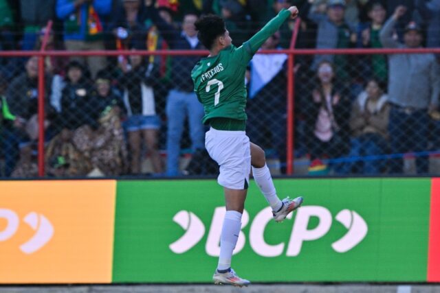 Bolivia forward Miguel Terceros celebrates scoring the winning goal against Colombia in a