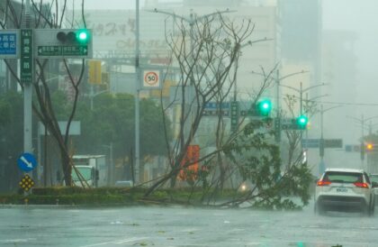 A car drives past a fallen tree as floodwaters inundate the Taiwanese coastal city of Kaoh