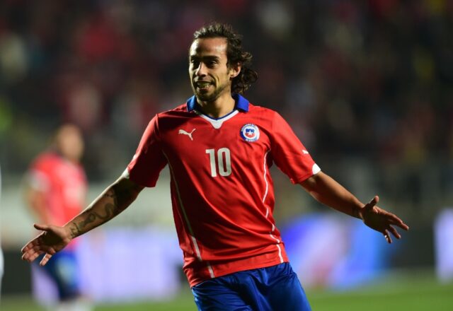 Chilean footballer Jorge Valdivia celebrates a goal against El Salvador in 2015