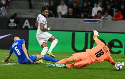 Christopher Nkunku coolly slots in his first goal for France