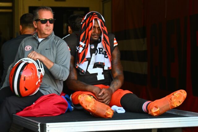 Cleveland quarterback Deshaun Watson is taken off the field after an apparent lower leg in