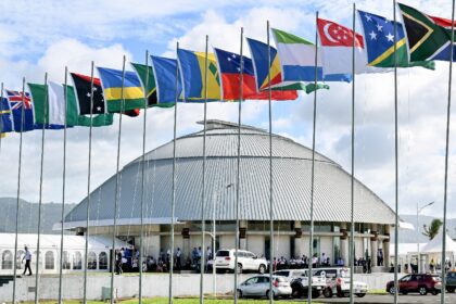 Commonwealth flags fly outside the parliament of Samoa during the Commonwealth Heads of Go