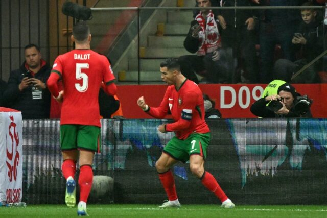 Cristiano Ronaldo (R) scored his 133rd international goal in Portugal's win over Poland