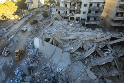 A destroyed building at the site of an Israeli air strike that targeted a branch of the He