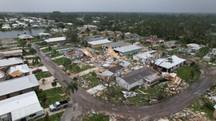 Destruction from tornadoes at the Spanish Lakes Country Club in Fort Pierce, Florida is se