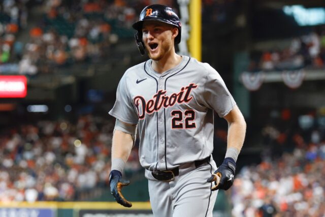 Detroit's Parker Meadows celebrates a home run in the Tigers' Major League Baseball playof