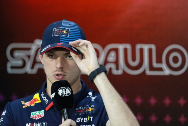 'Just do my own thing': Max Verstappen speaks during a press conference at Interlagos on T