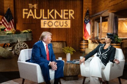 Donald Trump with Fox News broadcaster Harris Faulkner for a townhall event in Cumming, Ge