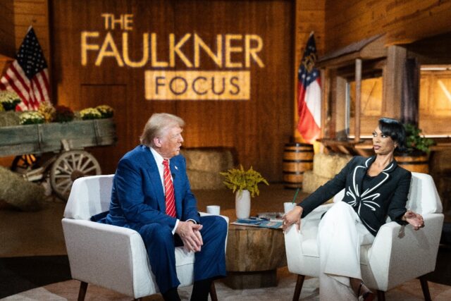 Donald Trump with Fox News broadcaster Harris Faulkner for a townhall event in Cumming, Ge