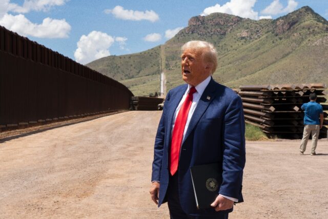 Donald Trump -- pictured at the US-Mexico border on August 22, 2024 south of Sierra Vista,