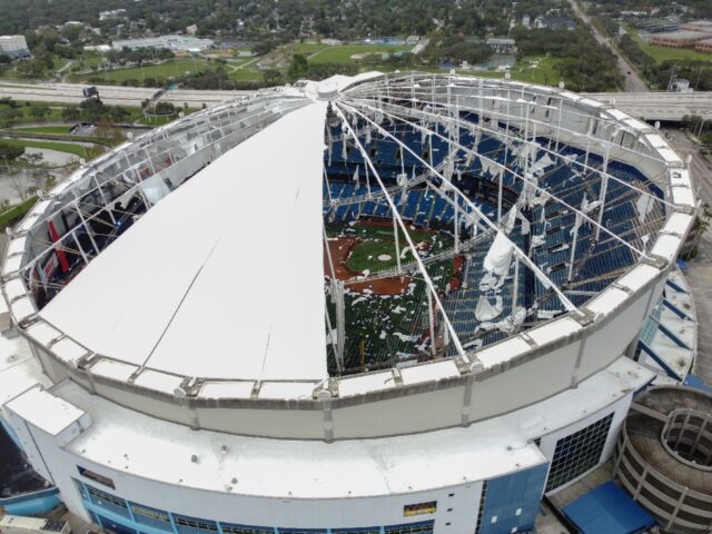 A drone image shows the dome of Tropicana Field, torn open by Hurricane Milton in St. Pet