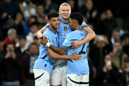 Erling Haaland (centre) scored twice in Man City's 5-0 thrashing of Sparta Prague