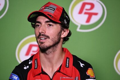 Francesco Bagnaia talks to reporters ahead of the Thailand MotoGP