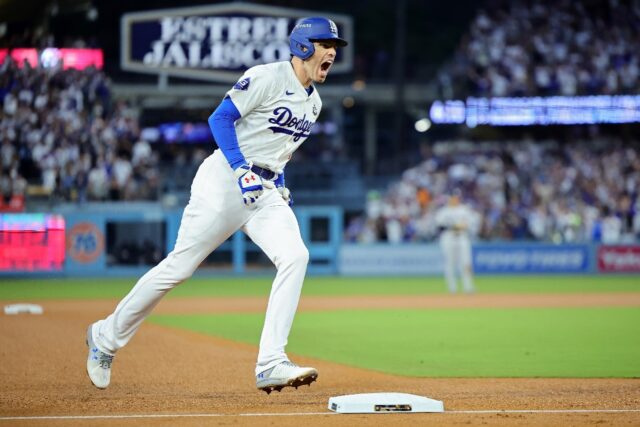 Freddie Freeman of the Los Angeles Dodgers rounds the bases after hitting a home run in th