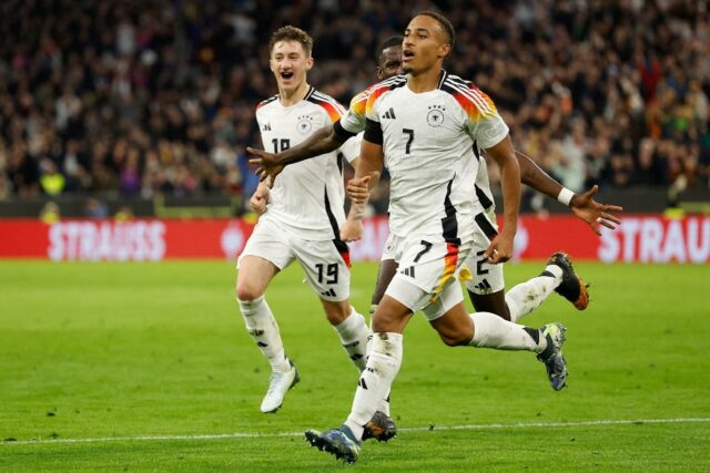 Germany midfielder Jamie Leweling celebrates after his second-half goal