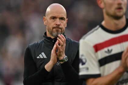 Parting gesture: Manchester United manager Erik ten Hag applauds fans after a 2-1 loss awa