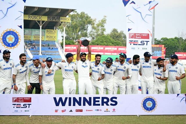 India's players celebrate after taking the series 2-0 against Bangladesh in Kanpur