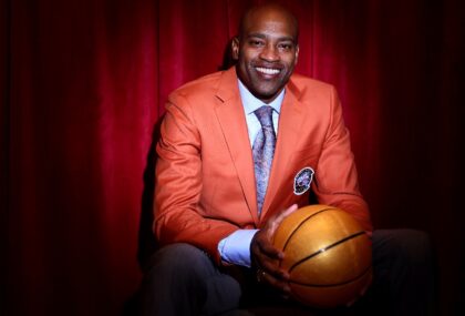 New inductee Vince Carter poses for a photo during Basketball Hall of Fame festivities