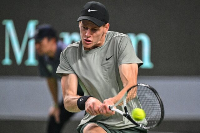 Italy's Jannik Sinner hits a return to Japan's Taro Daniel during their match at the Shang