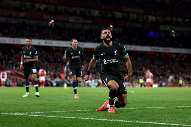 Liverpool's Mohamed Salah celebrates scoring against Arsenal