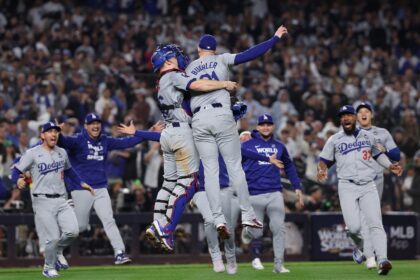 The Los Angeles Dodgers celebrate after clinching a stunning World Series victory over the