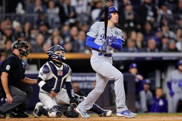 Los Angeles slugger Freddie Freeman watches his two-run homer in the first inning that hel