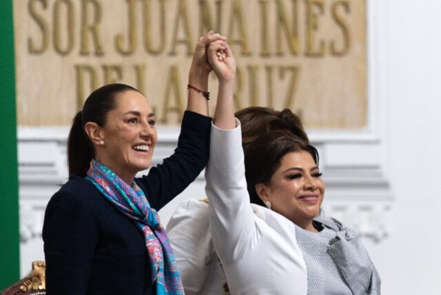 Mexican President Claudia Sheinbaum (L) with Mexico City Mayor Clara Brugada at her sweari