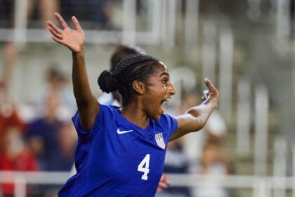 Naomi Girma of the United States celebrates after a scoring in a friendly victory over Arg