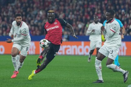 Nigeria forward Victor Boniface (C) playing for German club Bayer Leverkusen.