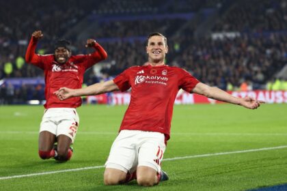 Nottingham Forest striker Chris Wood scored twice against Leicester