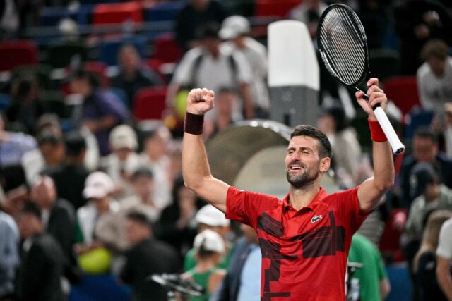 Novak Djokovic celebrates after his victory against Taylor Fritz