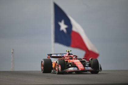 On the pace: Ferrari's Carlos Sainz takes part in practice