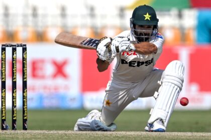 Pakistan's Kamran Ghulam plays a shot during the third day of the second Test