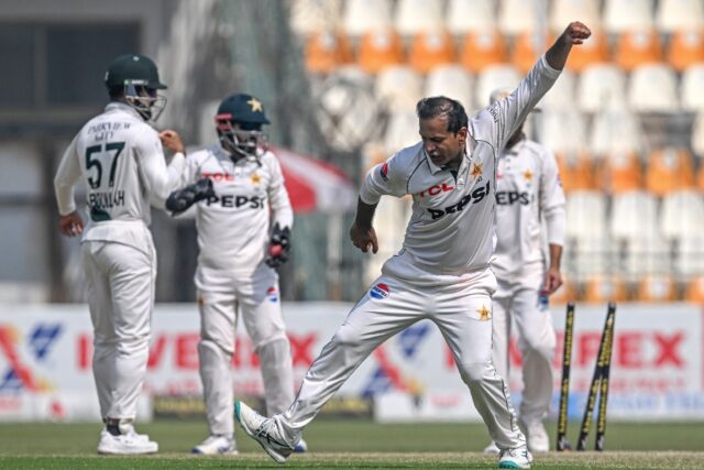 Pakistan's Noman Ali celebrates after the dismissal of England captain Ben Stokes