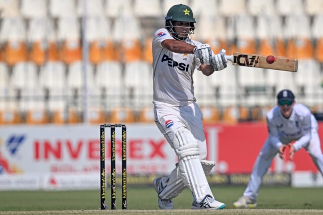 Pakistan's Noman Ali plays a shot during the second day of the second Test