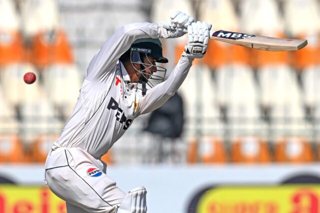 Pakistan's Saim Ayub plays a shot during the first day of the second Test