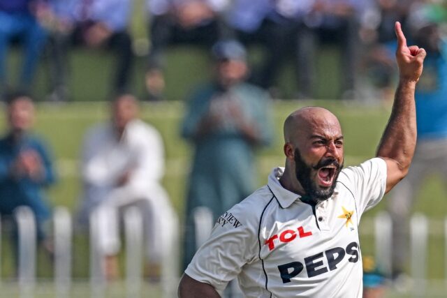 Pakistan's Sajid Khan celebrates after taking the wicket of England's Joe Root