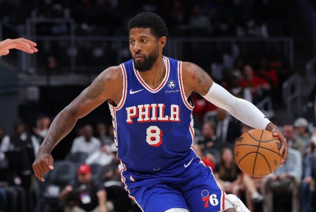 Paul George of the Philadelphia 76ers drives during an NBA pre-season game against the Atl