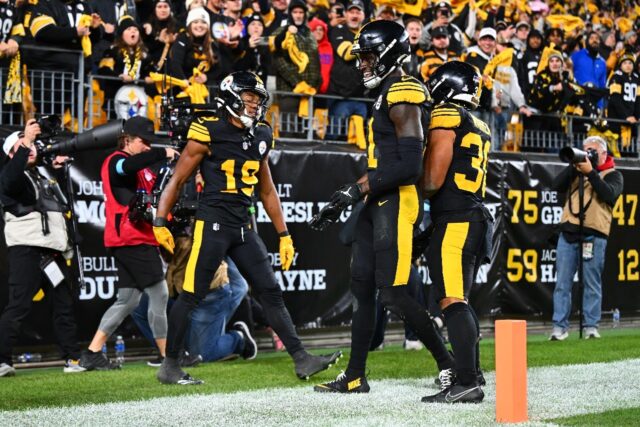 Pittsburgh's Calvin Austin celebrates scoring in the Steelers win over the Giants