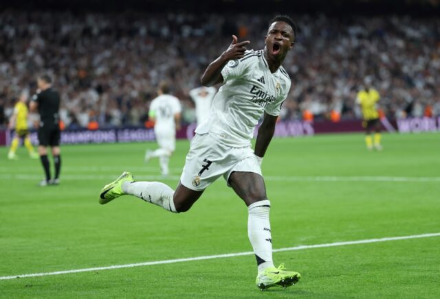 Real Madrid's Brazilian forward Vinicius Junior celebrates scoring their second goal again