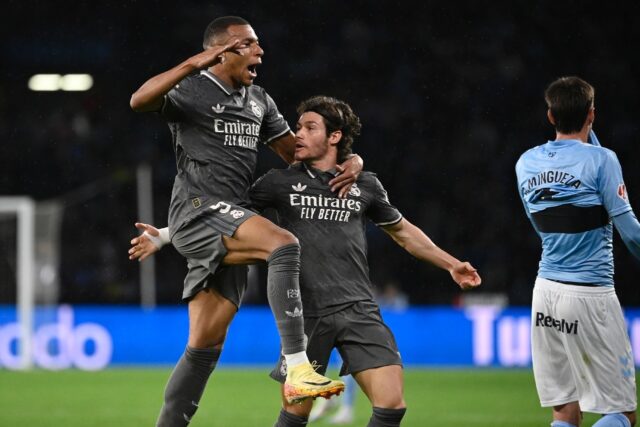 Real Madrid's Kylian Mbappe celebrates scoring the opening goal against Celta Vigo