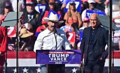 Riverside County Sheriff Chad Bianco addresses supporters of US President and Republican p