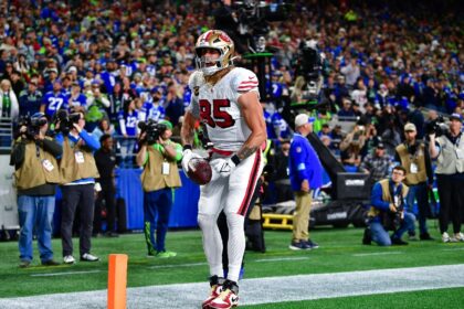 San Francisco tight end George Kittle celebrates his second touchdown in Thursday's win ov