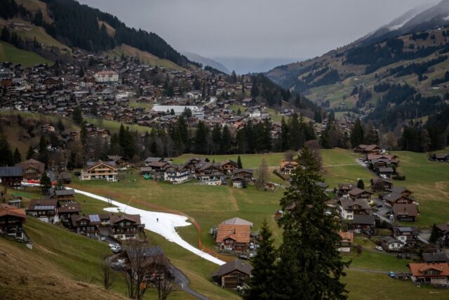 A slope amid a near-snowless landscape during the FIS Alpine ski World Cup events in the S