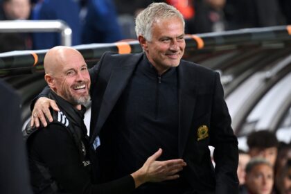 Smiles: Jose Mourinho and Erik ten Hag before Thursday's game