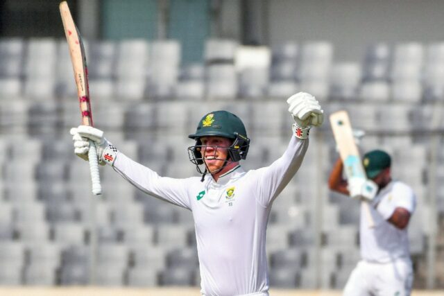 South Africa's Kyle Verreynne celebrates his hundred in Mirpur