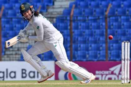 South Africa's Tony De Zorzi plays a shot on his way to 177 against Bangladesh