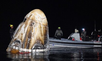 The SpaceX Dragon Endeavour spacecraft shortly after splashdown off the coast of Florida o